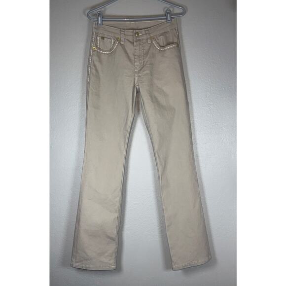 Vintage Straight Leg Khaki Jeans Pants Womens 6 Exposed Stitching Ramie Tan - Picture 2 of 8